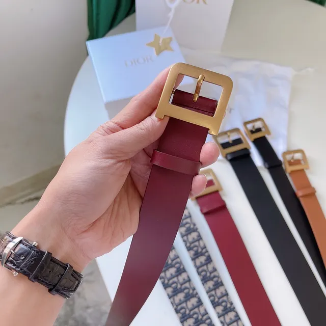 Dior বার্গন্ডি গোল্ড সরু স্ট্র্যাপ বর্গাকার বাকল চামড়ার বেল্ট 3