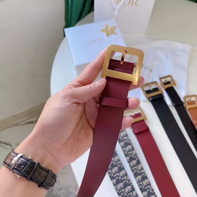 Dior বার্গন্ডি গোল্ড সরু স্ট্র্যাপ বর্গাকার বাকল চামড়ার বেল্ট 4