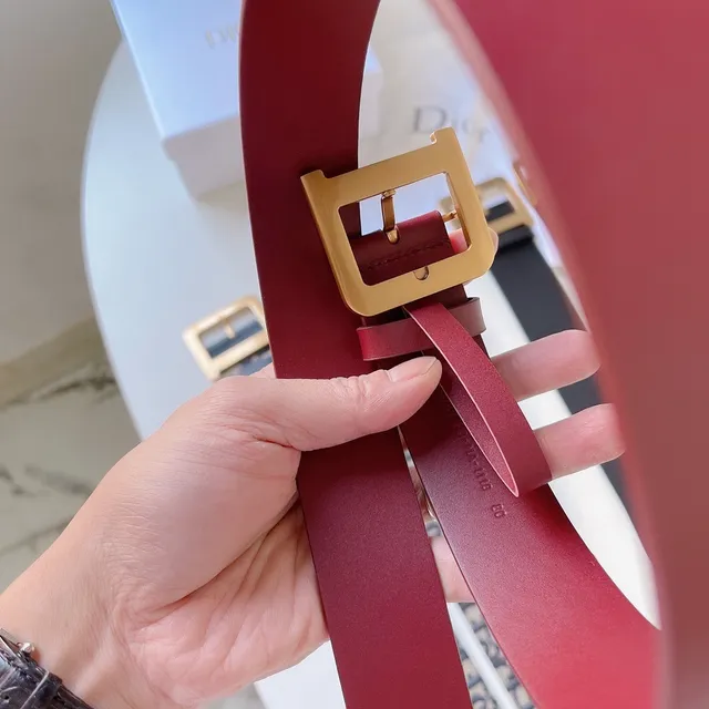 Dior বার্গন্ডি গোল্ড সরু স্ট্র্যাপ বর্গাকার বাকল চামড়ার বেল্ট 5