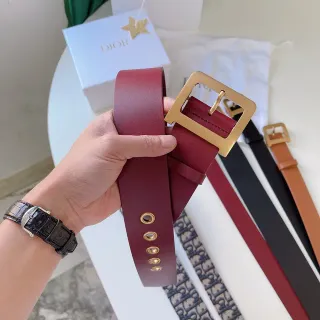 Dior Burgundy Gold Smooth Rectangular Buckle Leather Belt