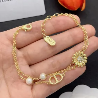 Dior Floral Pearl and CD Logo Double-Chain Gold Bracelet