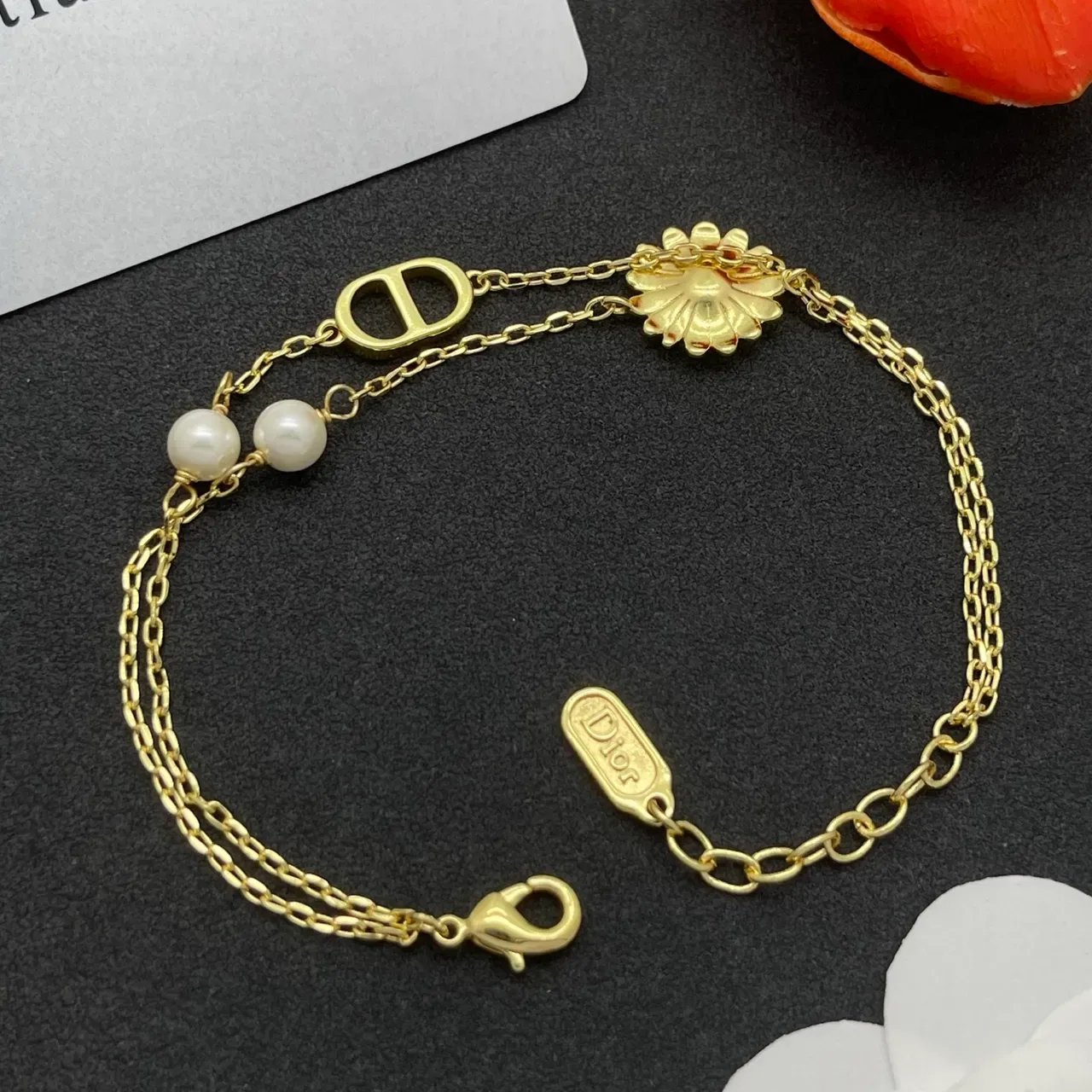 Dior Bracelet Perle Florale et Logo CD Double Chaîne Or 4