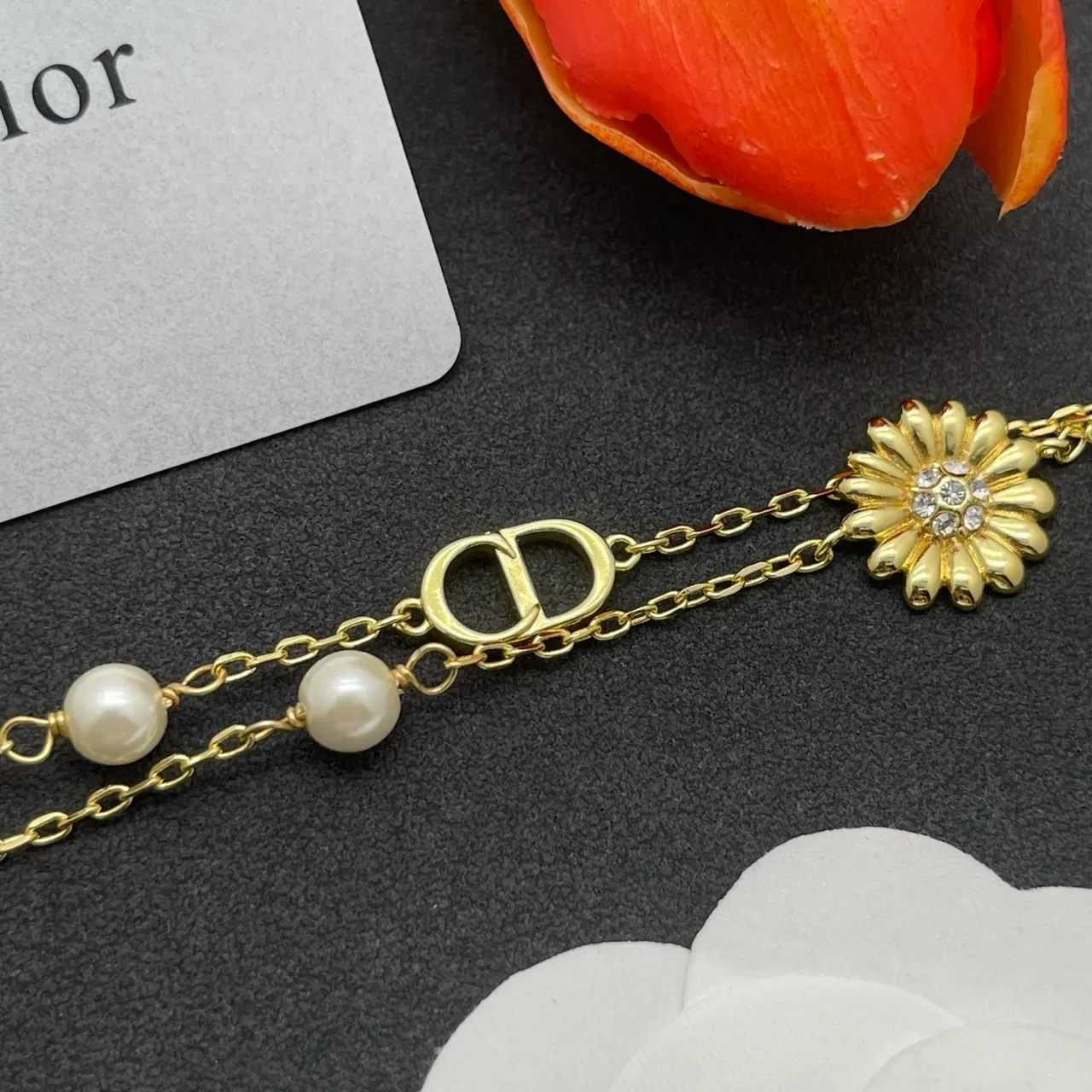 Dior Bracelet Perle Florale et Logo CD Double Chaîne Or 7