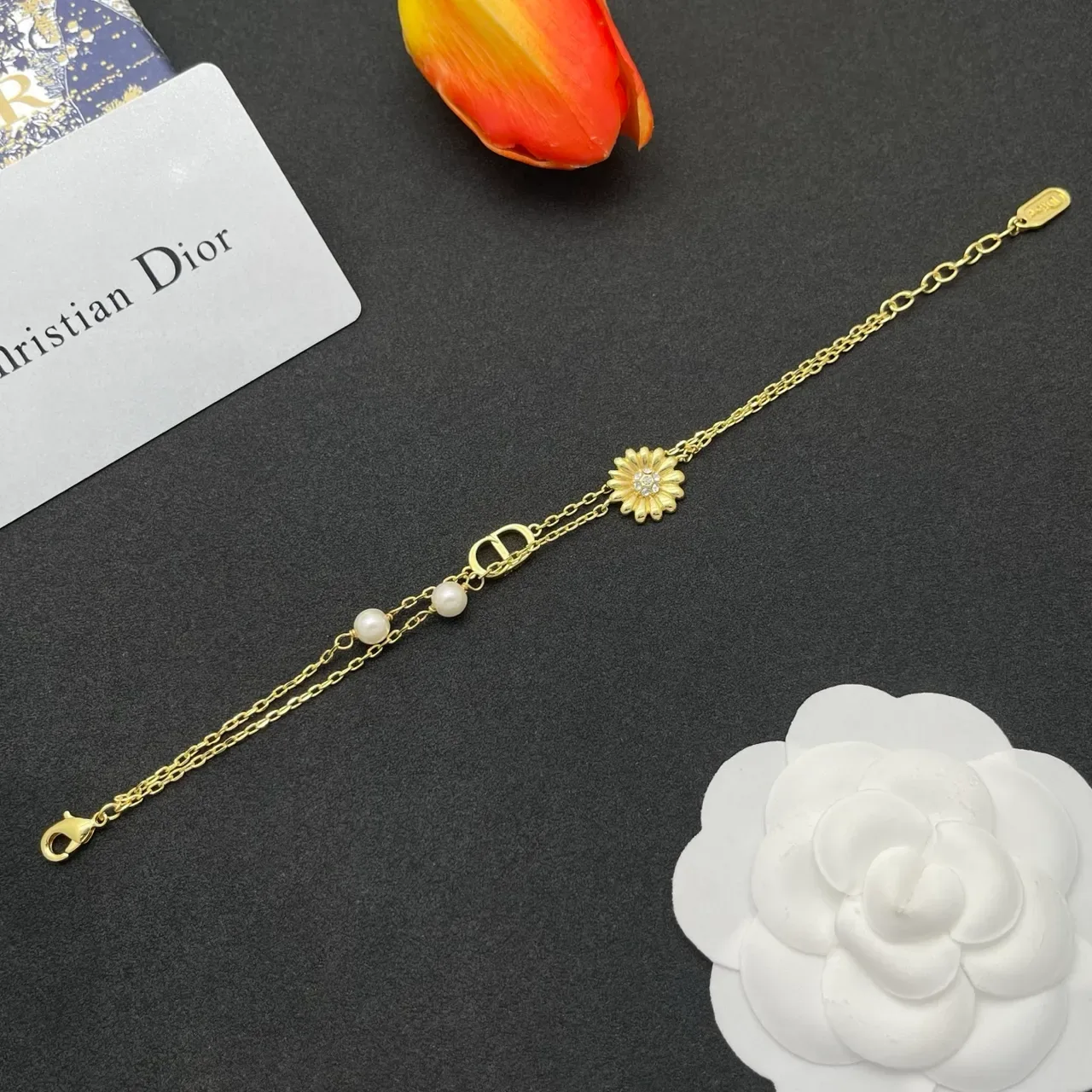 Dior Bracelet Perle Florale et Logo CD Double Chaîne Or 8
