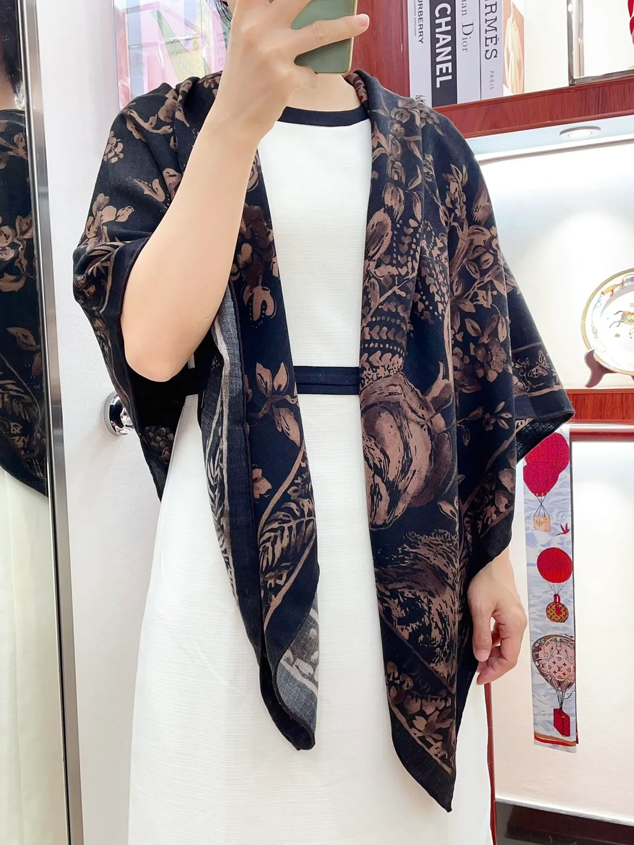 Dior Floral-Print Black and Brown Silk Scarf 2