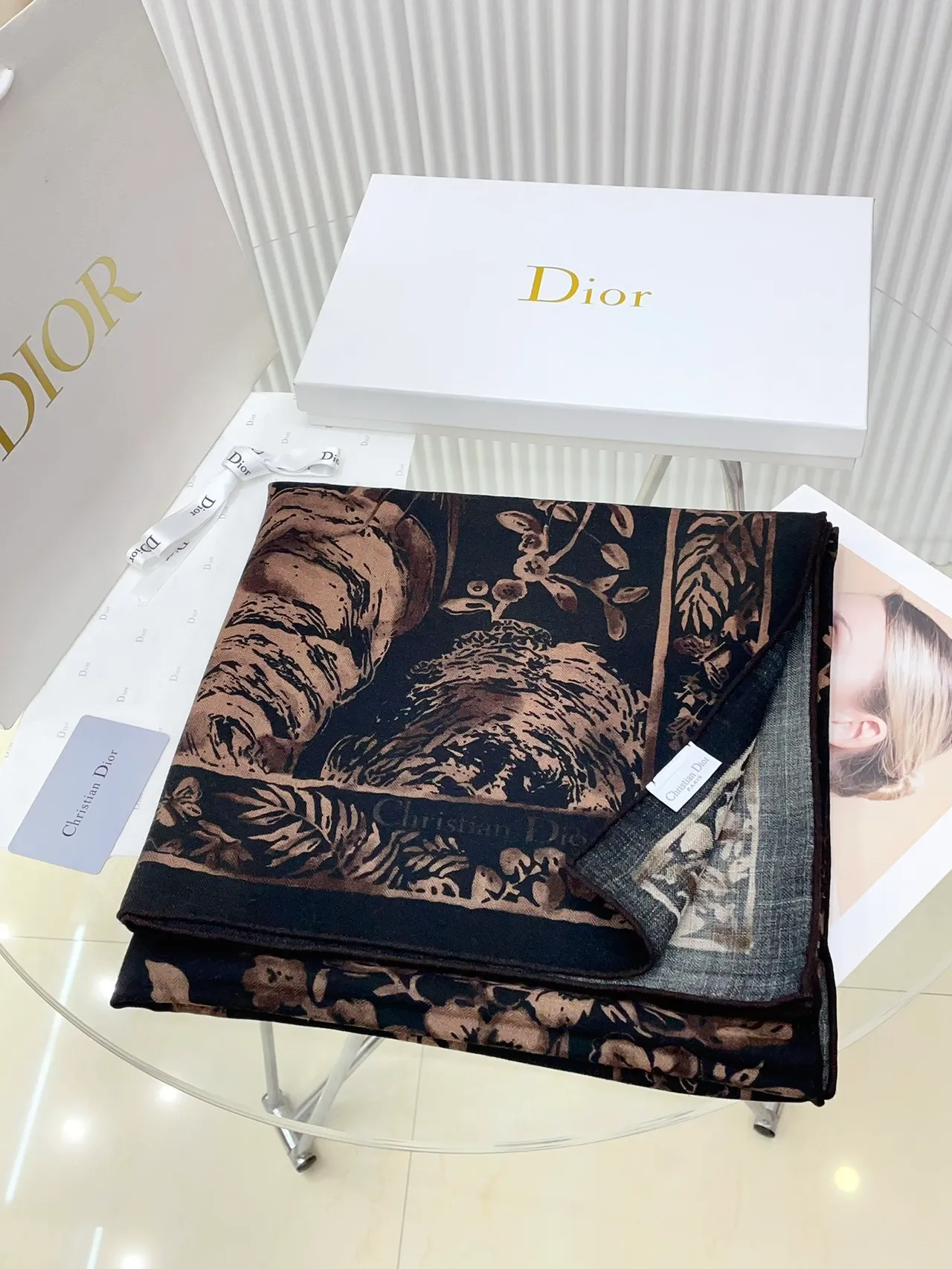 Dior Floral-Print Black and Brown Silk Scarf 4