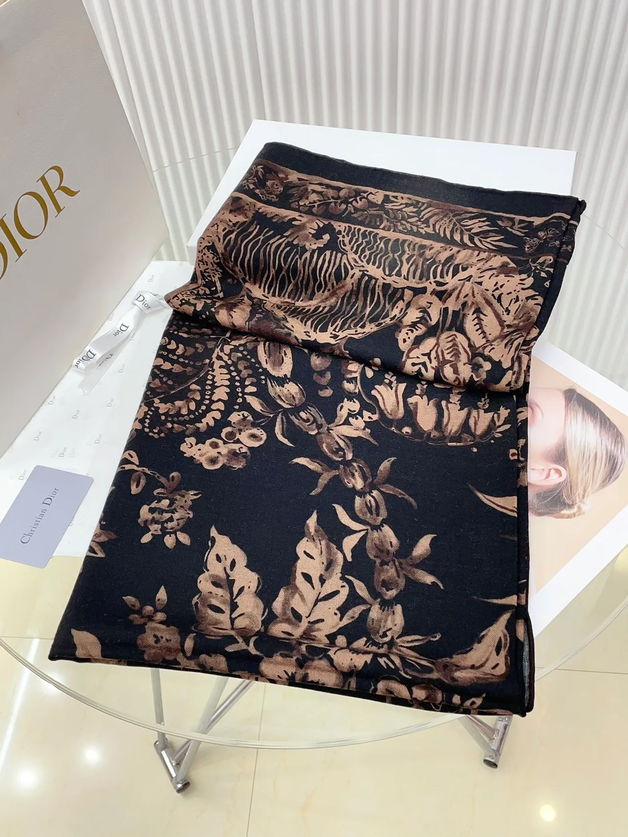 Dior Floral-Print Black and Brown Silk Scarf 5