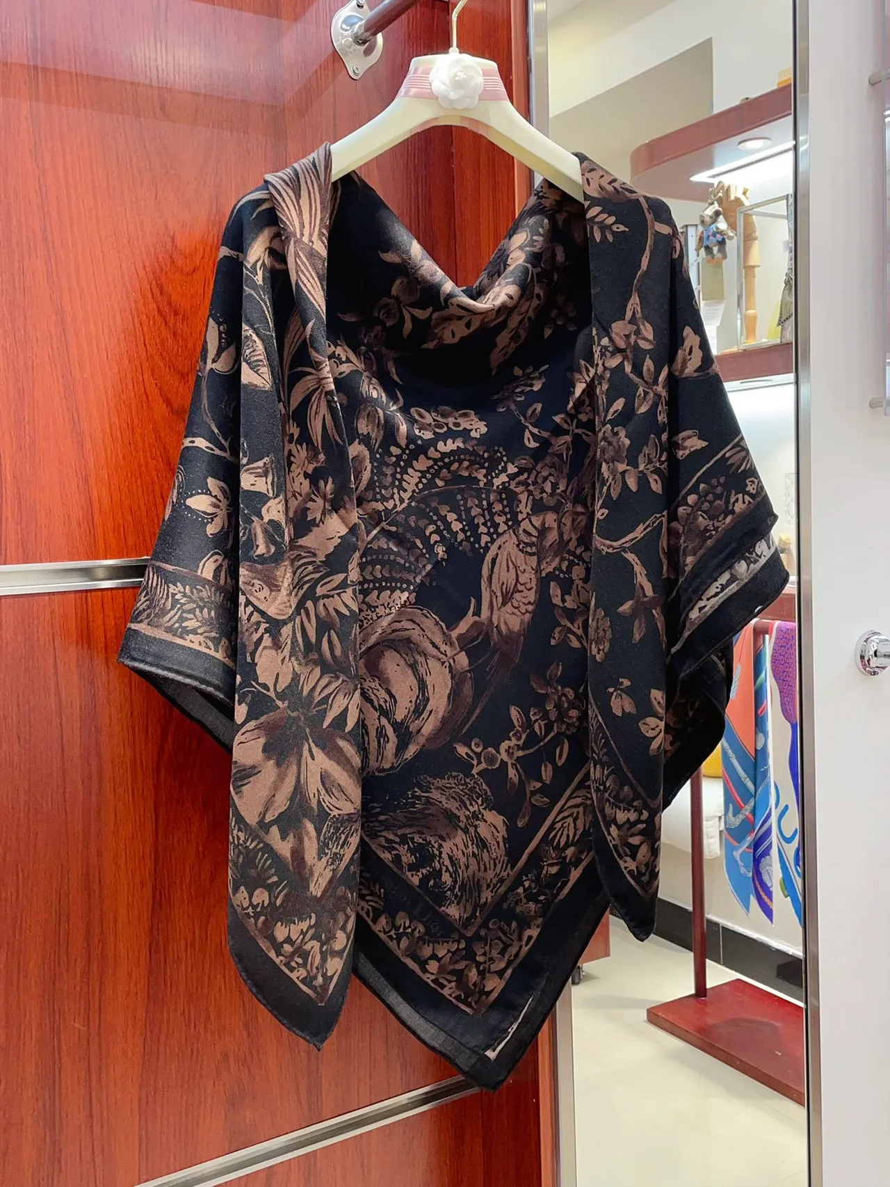 Dior Floral-Print Black and Brown Silk Scarf 7