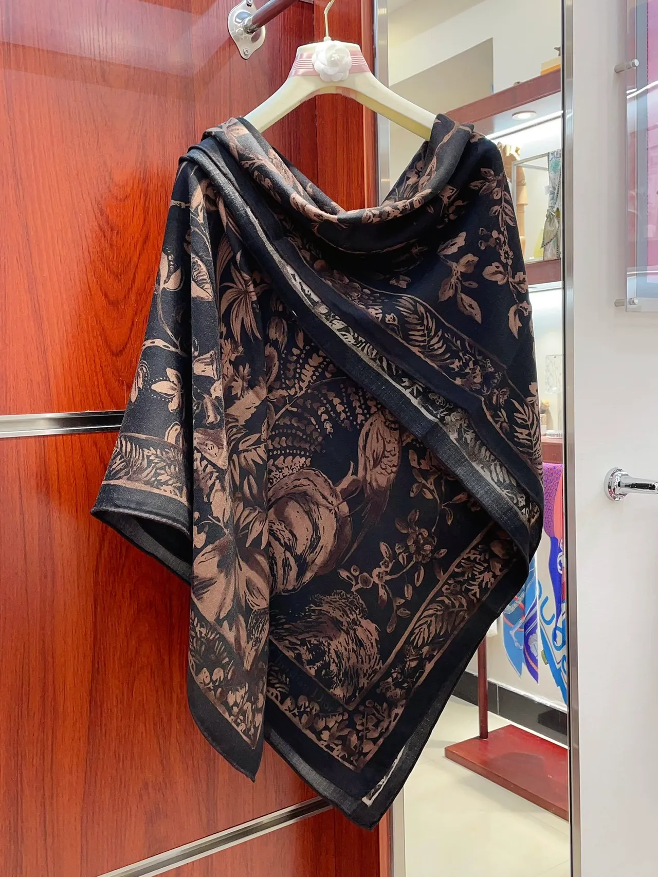 Dior Floral-Print Black and Brown Silk Scarf 8