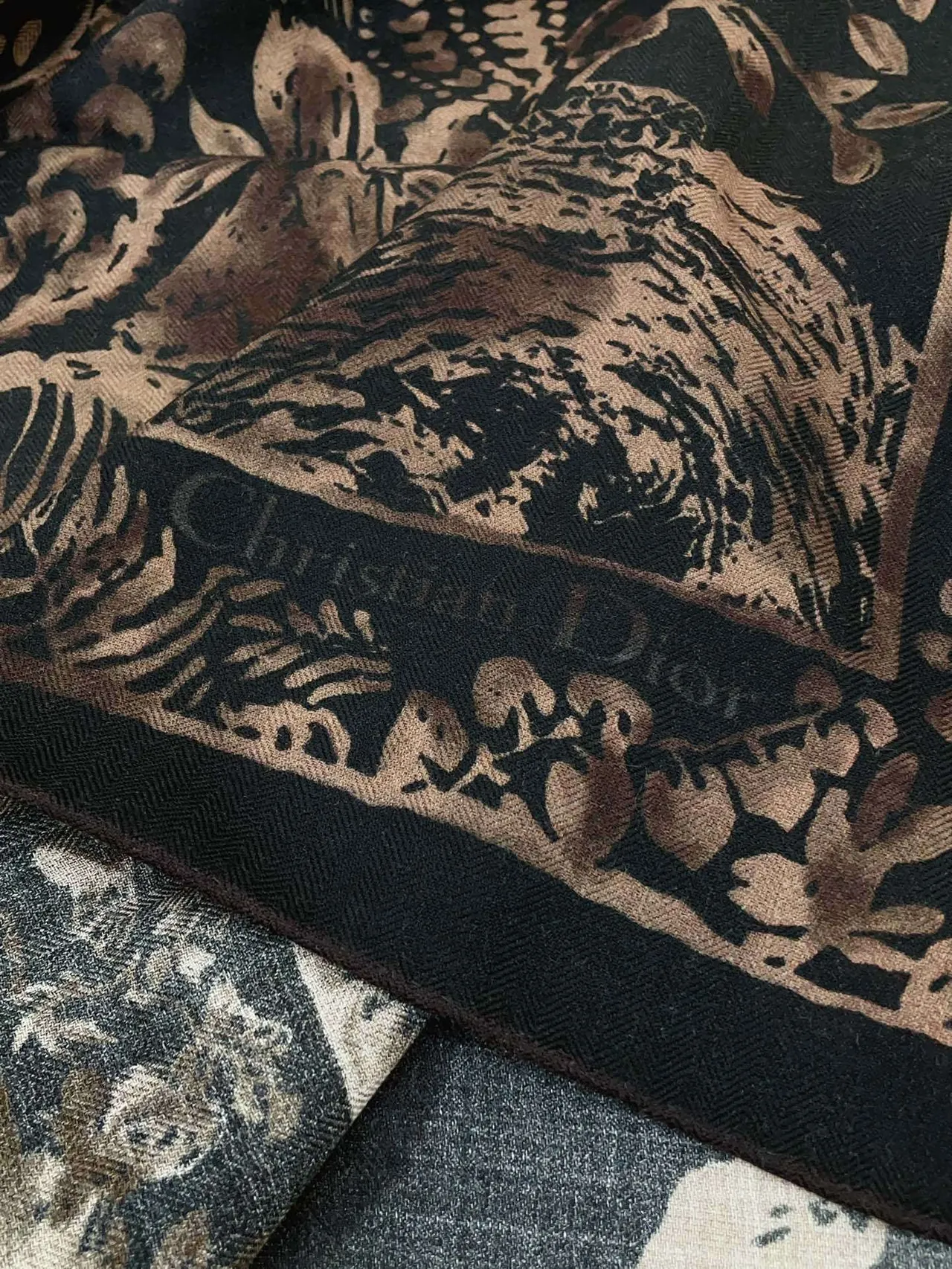 Dior Floral-Print Black and Brown Silk Scarf 9