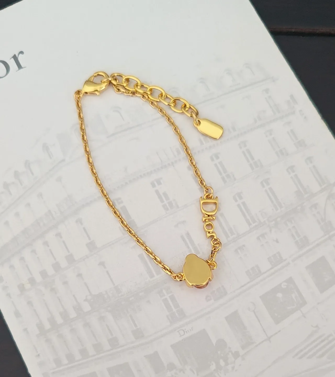 Dior Gold Pink Chain Logo-Spelled Links Bracelet 2