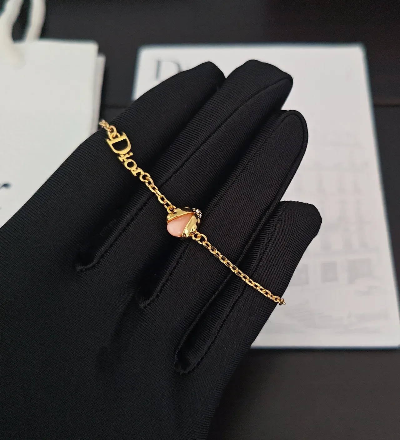 Dior Gold Pink Chain Logo-Spelled Links Bracelet 4
