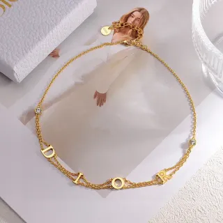 Collier Dior Or Transparent Chaîne Double avec Charms de Lettre