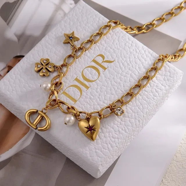 Dior Gold White Chunky Link Chain Multi-Charm Pendant Design Bracelet 3