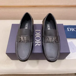 Dior लोगो पट्टी काला चाँदी पेबल्ड चमड़ा मेटल लोअफर