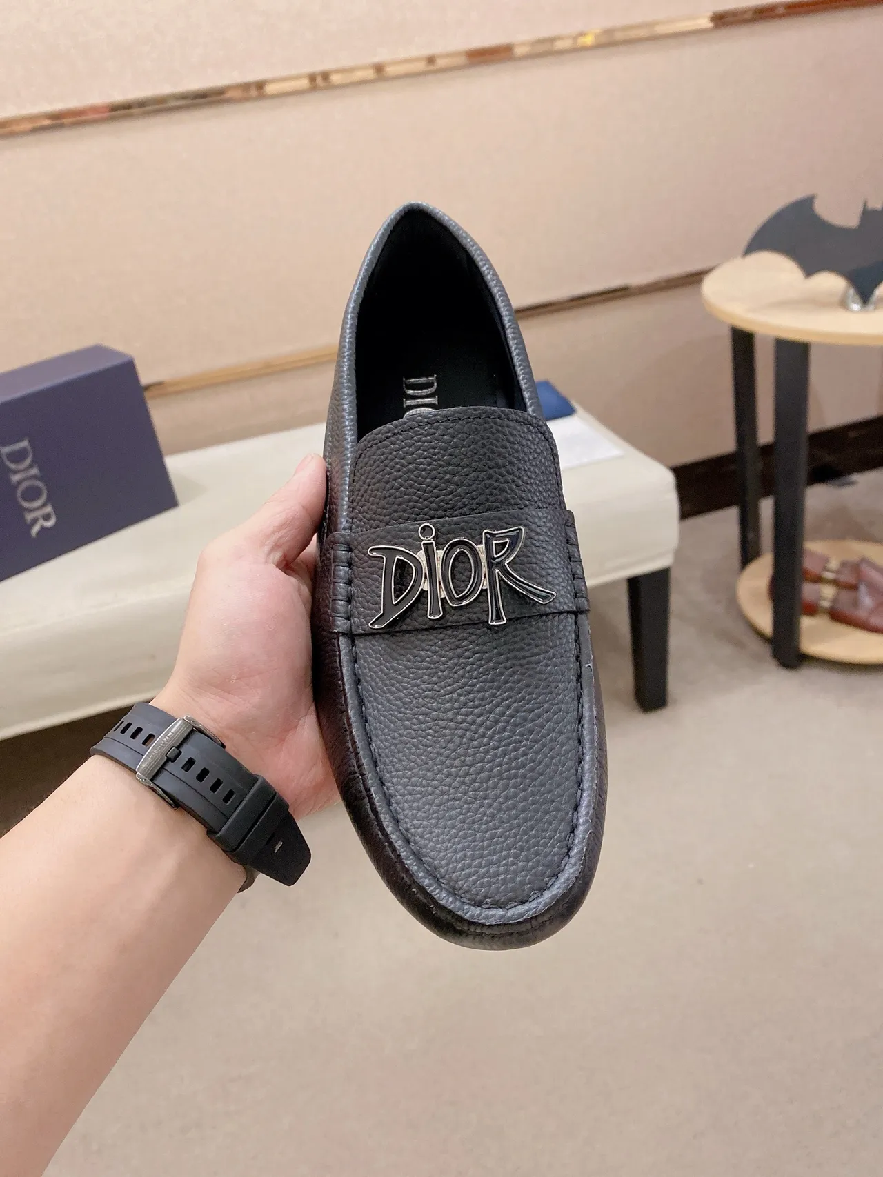 Dior Alça Logo Preto Prata Couro Pebbled Metal Loafer 3