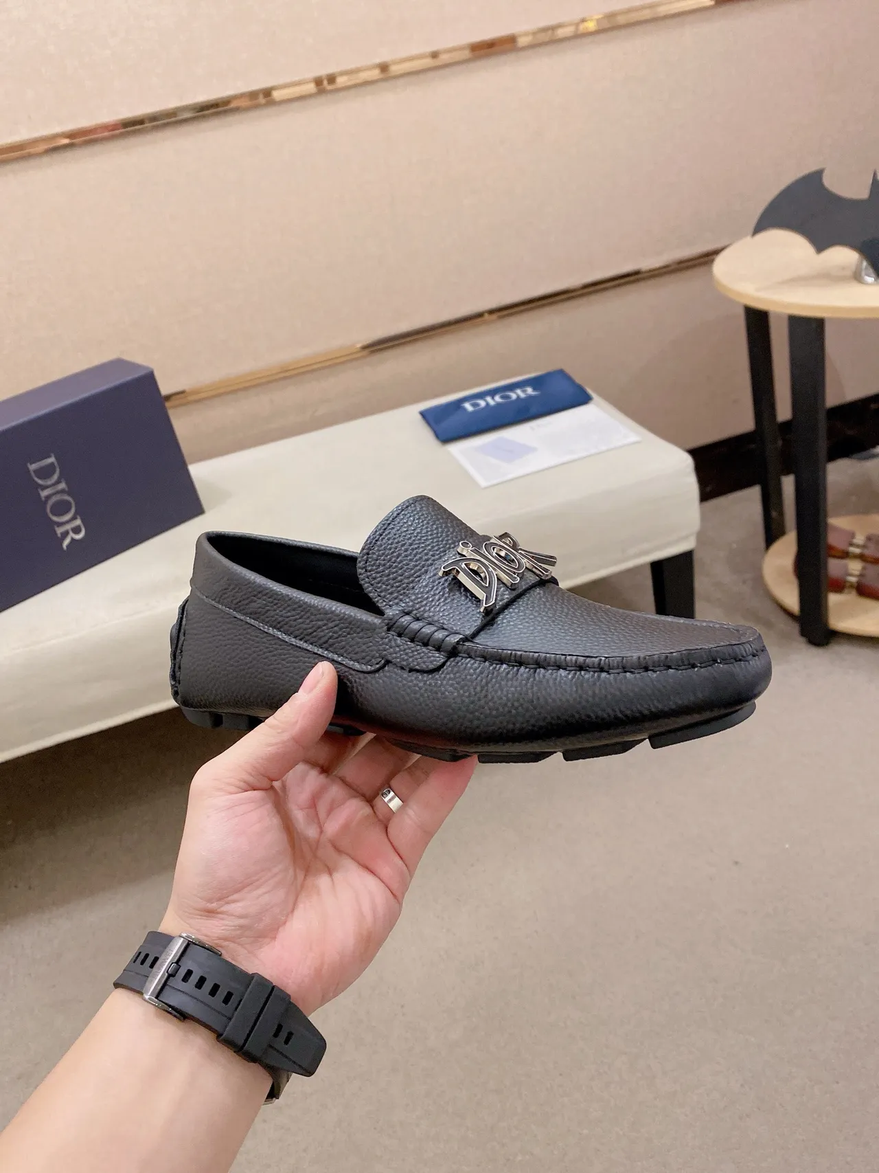 Dior Alça Logo Preto Prata Couro Pebbled Metal Loafer 5
