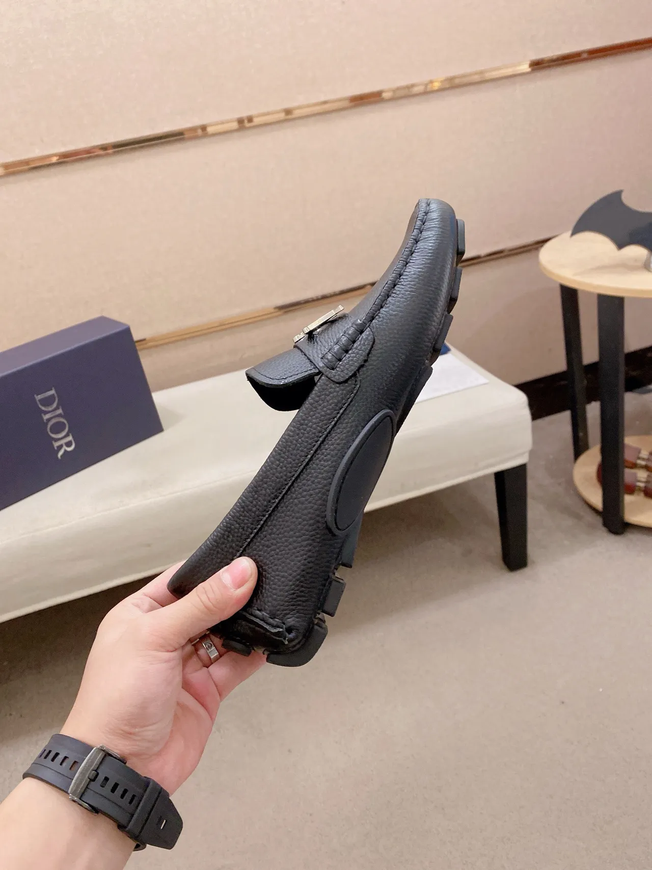 Dior Alça Logo Preto Prata Couro Pebbled Metal Loafer 6