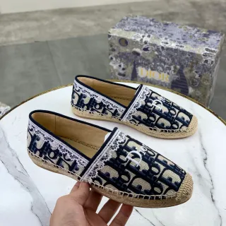 Dior Navy Beige Monogrammed Textile Lace-Trimmed Collar Boat Shoes