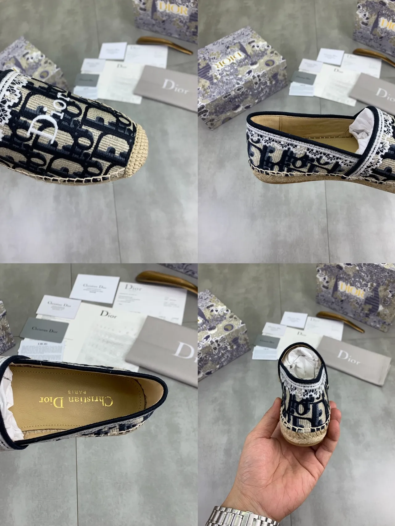 Dior Navy Beige Monogrammed Textile Lace-Trimmed Collar Chaussures bateau 2