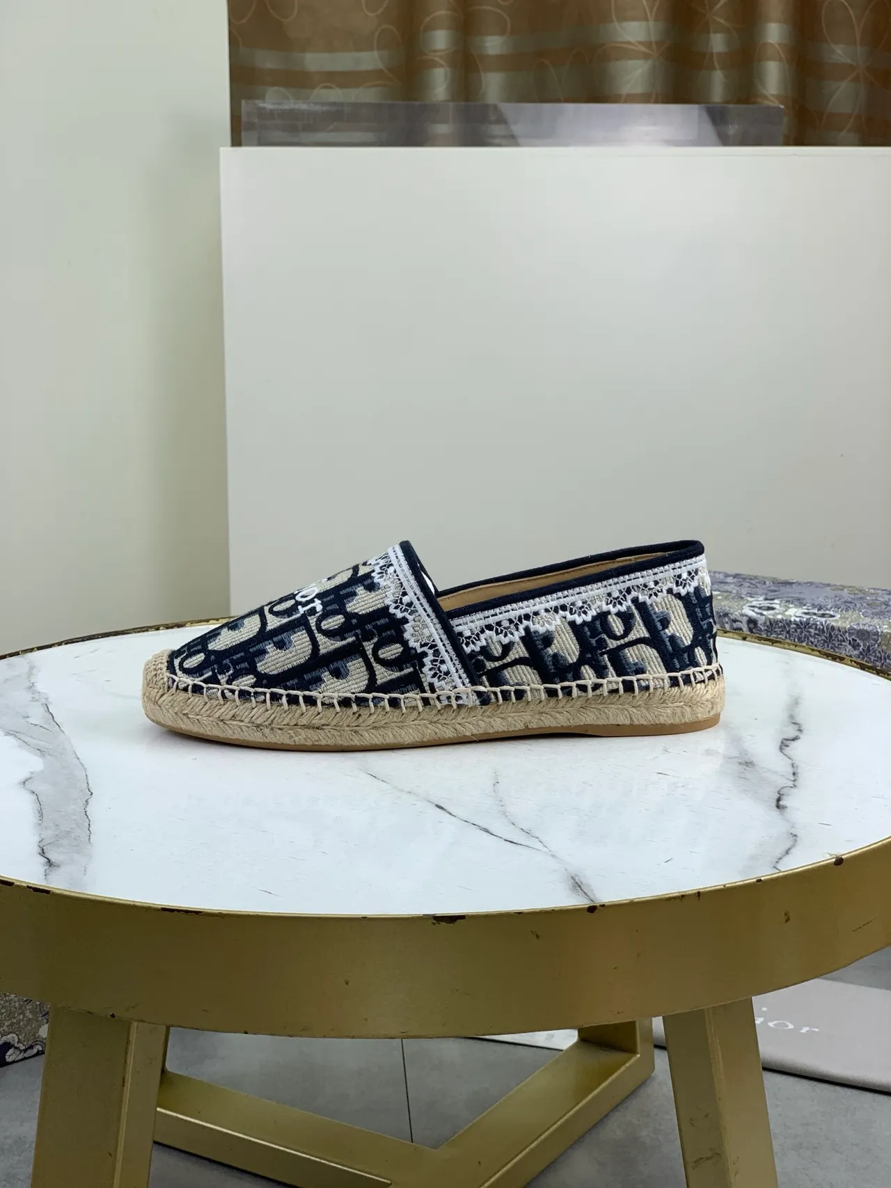 Dior Navy Beige Monogrammed Textile Lace-Trimmed Collar Chaussures bateau 5