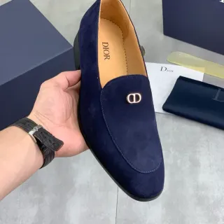 迪奥 海军蓝 金色 麂皮 金属 D-Logo 装饰 乐福鞋