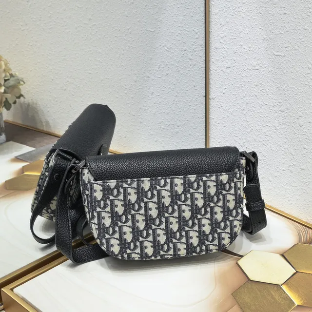Dior Saddle Gray Black Monogram Canvas Pebbled Leather Flap Saddle Bag 8