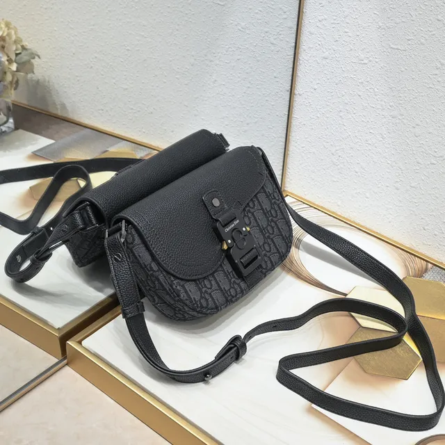 Dior Saddle Gray Black Monogram Canvas Pebbled Leather Flap Saddle Bag 18