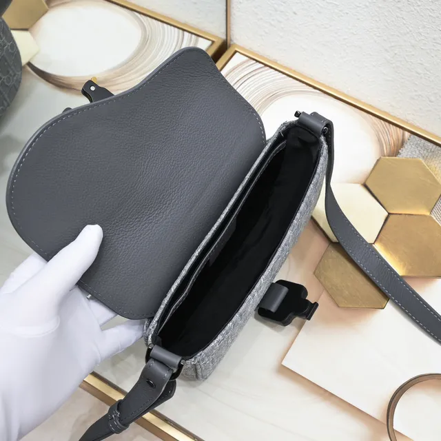 Dior Saddle Gray Black Monogram Canvas Pebbled Leather Flap Saddle Bag 22