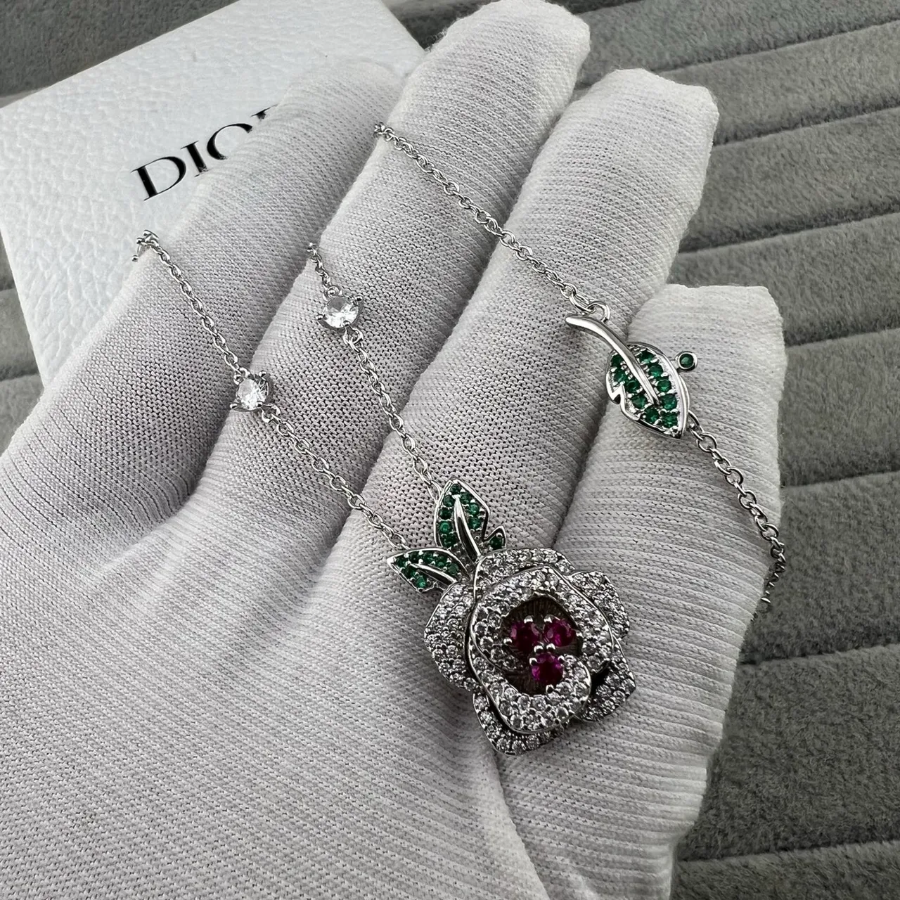 Dior Silver Green Floral Rose Pendant Pavé-Set Gemstones Necklace 2