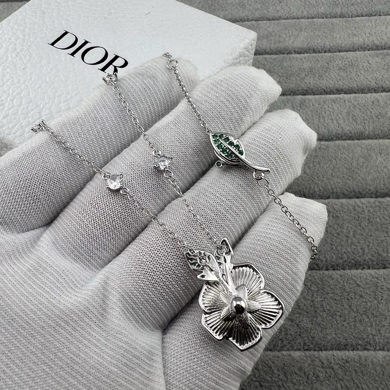 Dior Silver Green Floral Rose Pendant Pavé-Set Gemstones Necklace 3