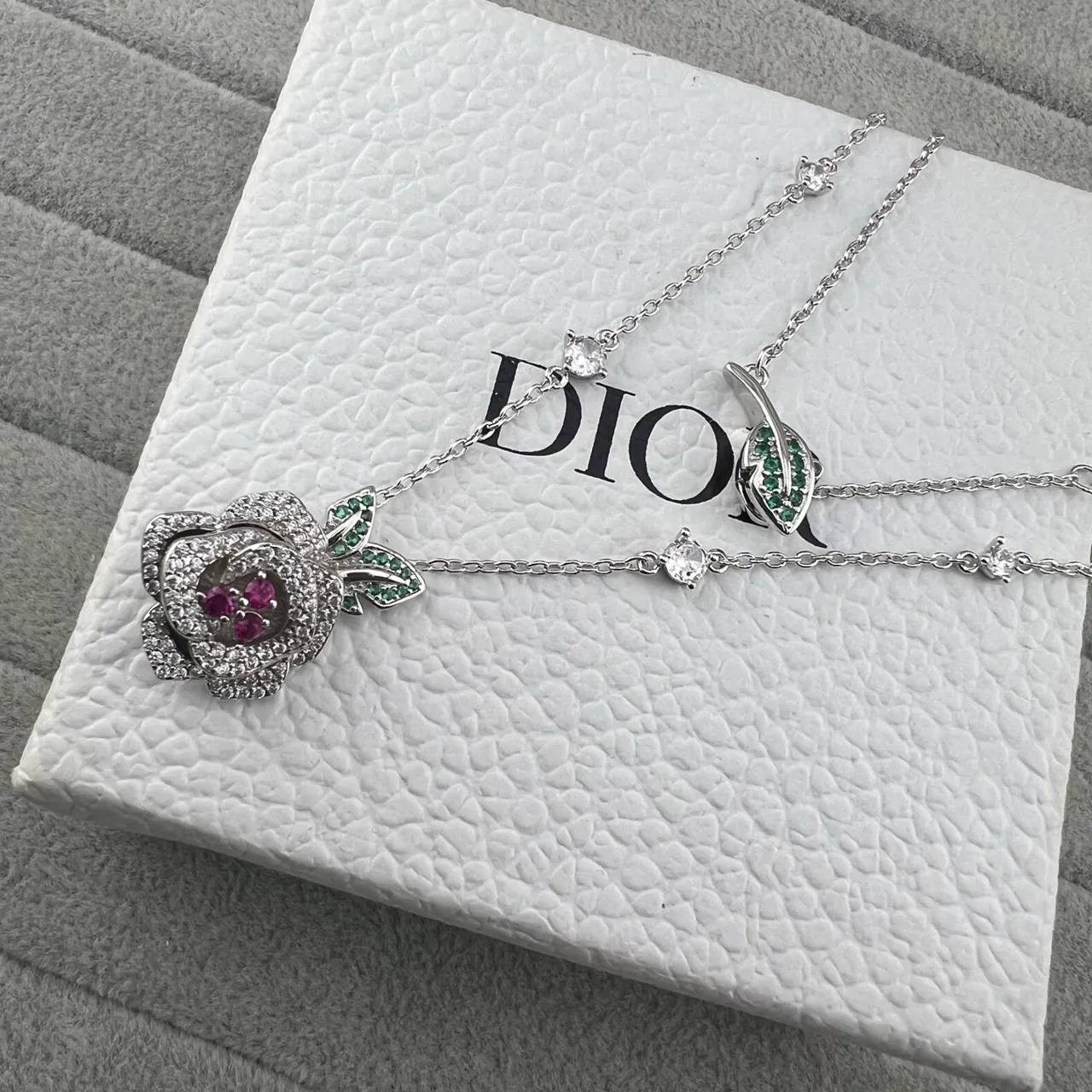 Dior Silver Green Floral Rose Pendant Pavé-Set Gemstones Necklace 4