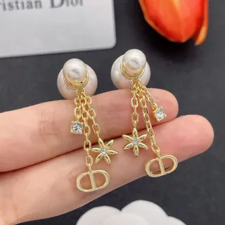 Dior Tribales Perle et Doré D-Logo Triple-Drop Boucles d'oreilles