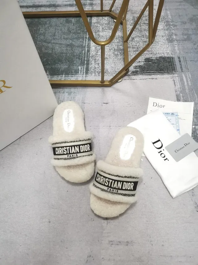 Dior White Black Fluffy Shearling-Lined Chunky Ridged Sole Slippers 4