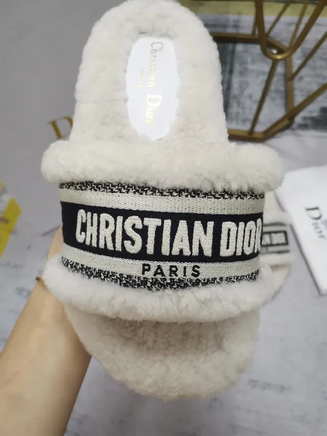 Dior White Black Fluffy Shearling-Lined Chunky Ridged Sole Slippers 6