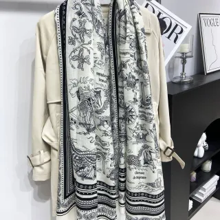 Dior सफेद काला नौटिकल इलस्ट्रेशन प्रिंट कंट्रास्ट रेशम स्कार्फ