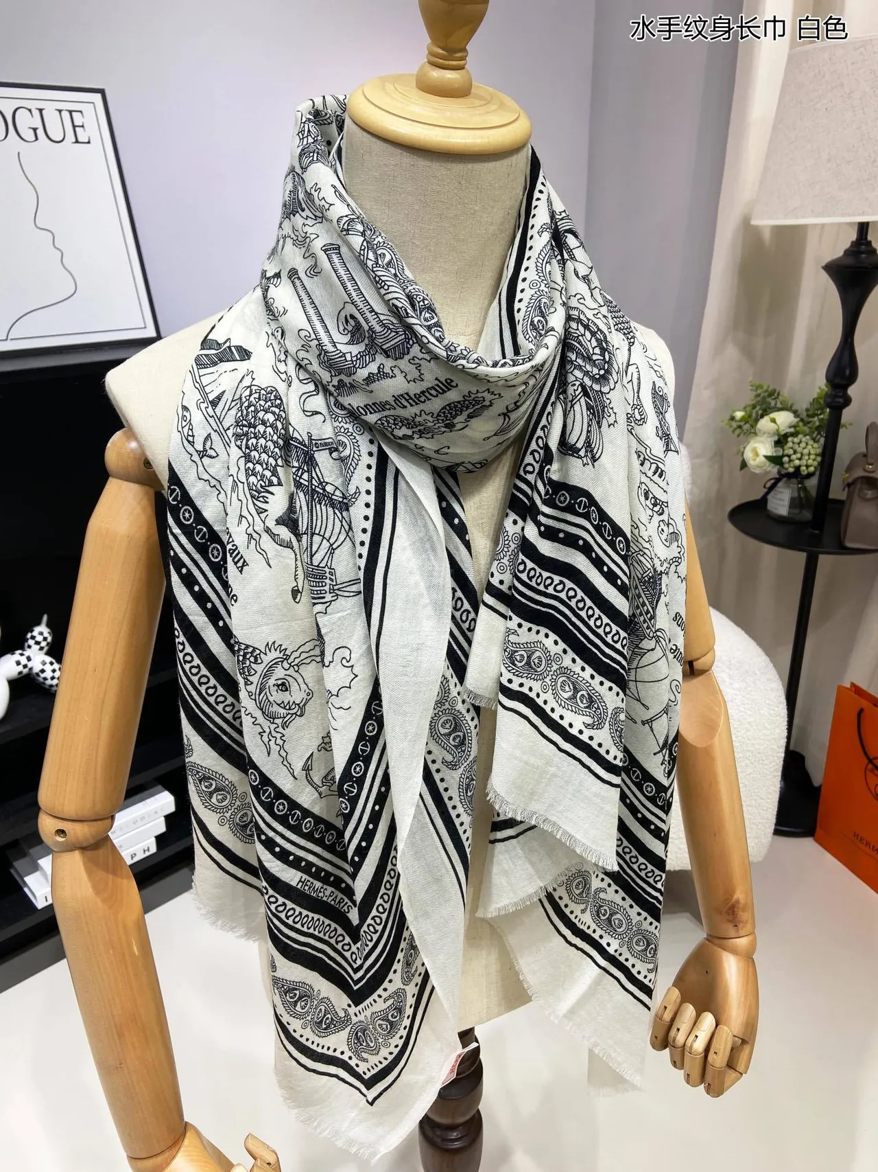Dior सफेद काला नौटिकल इलस्ट्रेशन प्रिंट कंट्रास्ट रेशम स्कार्फ 6