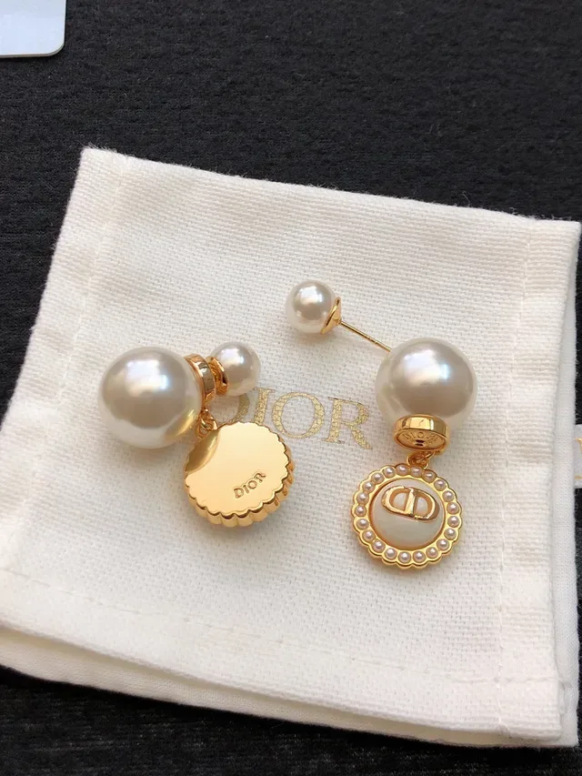 Dior White Gold Double-Pearl Post Enamel Disc Pendant Earrings 2