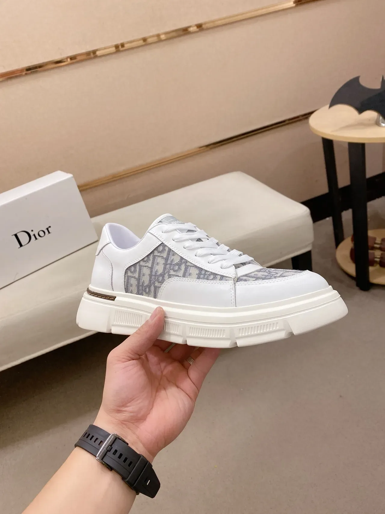 Dior White Gray Chunky Platform Sole Monogrammed Textile Panels Lifestyle Sneakers 4