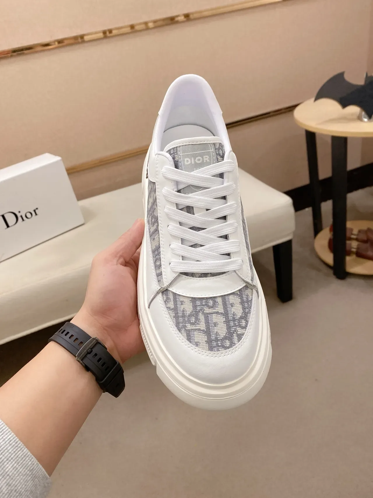 Dior White Gray Chunky Platform Sole Monogrammed Textile Panels Lifestyle Sneakers 5