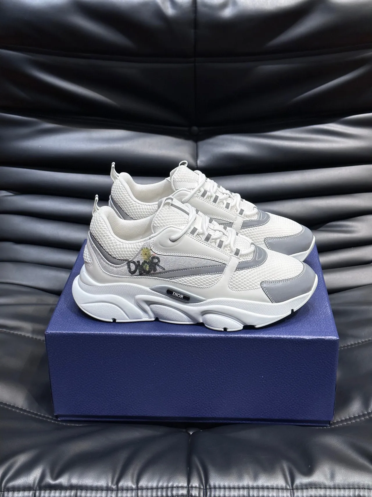 Dior White Gray Sculpted Sole Mesh And Synthetic Overlay Construction Chunky Sneakers 4