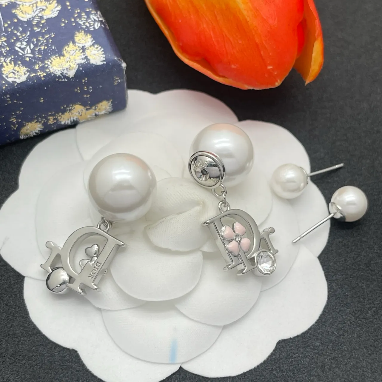 Dior White Pink Pearl Stud CD Monogram Charm Earrings 4