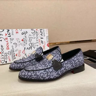 Dolce & Gabbana Portofino Mocassin Gris Noir Monogrammé en Toile avec Détail de Frange