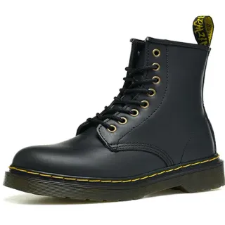 Dr. Martens 1460 काले चिकने चमड़े पीले सिलाई मार्टिन बूट्स