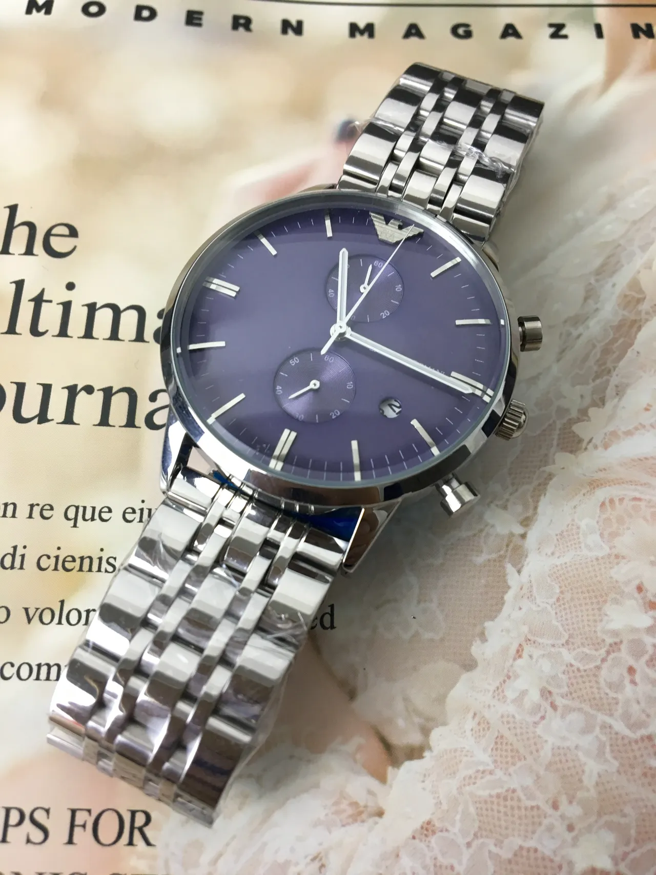 Emporio Armani क्रोनोग्राफ बैंगनी डायल स्टेनलेस स्टील क्वार्ट्ज घड़ी 6