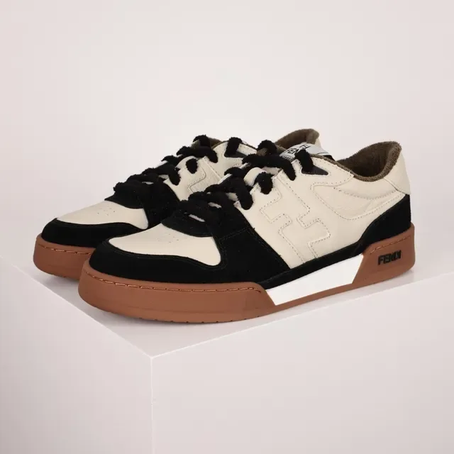 Fendi Beige Black Two-Tone Leather-Suede Upper Stitched FF Motif Lifestyle Sneakers 2