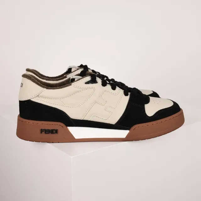 Fendi Beige Black Two-Tone Leather-Suede Upper Stitched FF Motif Lifestyle Sneakers 3