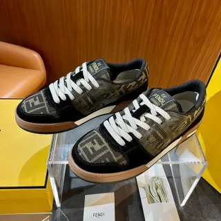 Fendi Black Beige Low-Top FF Monogram Jacquard Sneakers