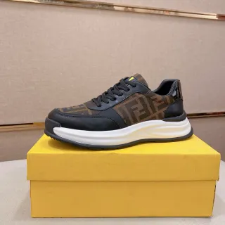 Fendi 黑色棕色印花纺织皮革点缀厚底运动鞋