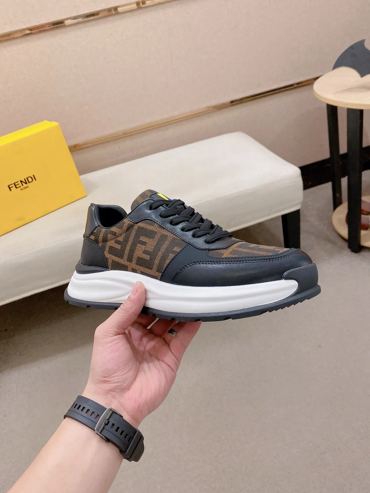 Fendi Black Brown Monogrammed Textile Leather Accents Chunky Sneakers 4